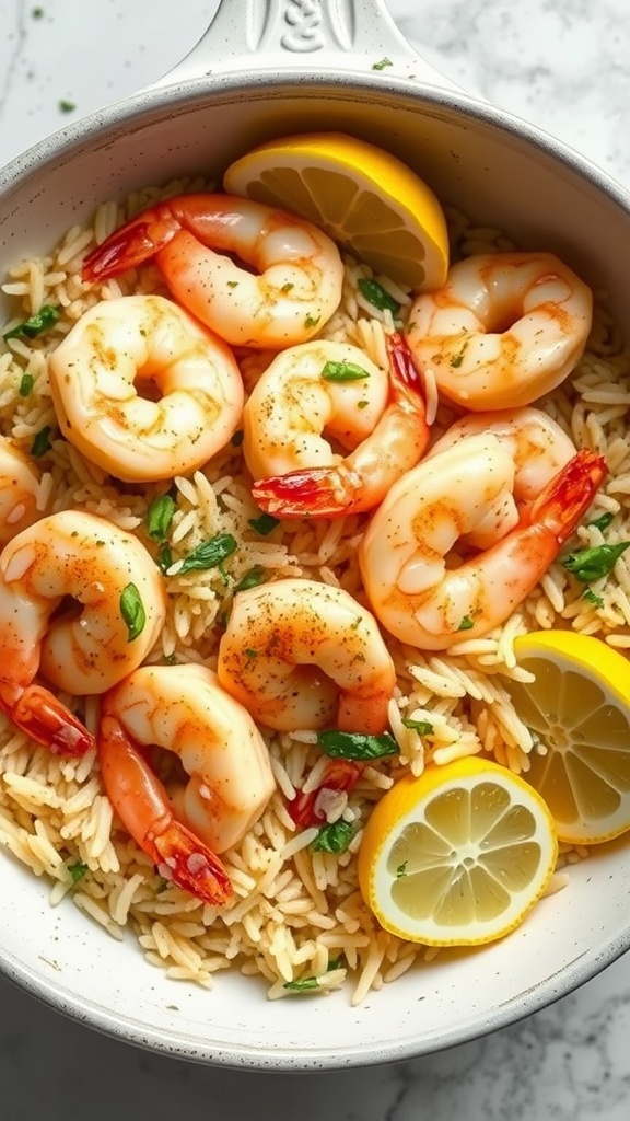 A delicious dish of garlic butter shrimp on a bed of rice with lemon slices.