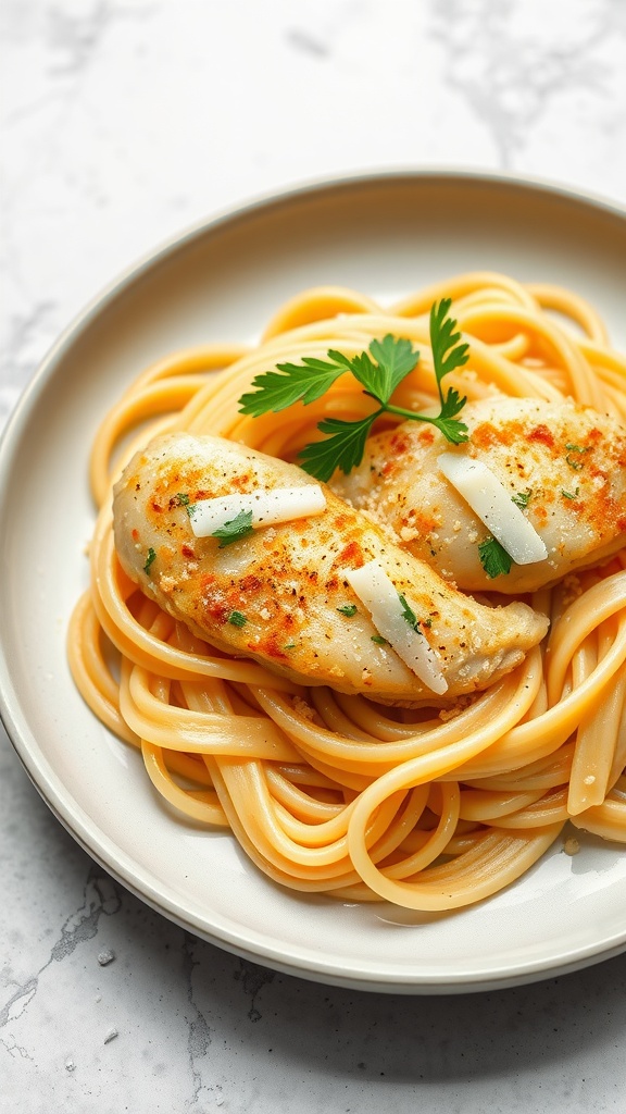 A plate of garlic parmesan chicken pasta garnished with parsley and parmesan shavings.