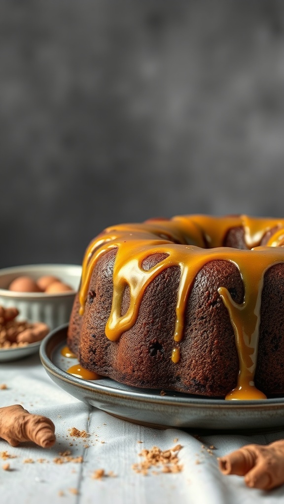 A beautifully decorated ginger chocolate cake with a spiced glaze dripping down the sides.