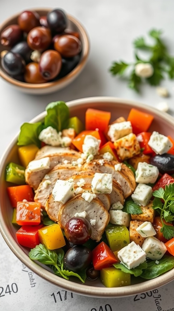 A delicious Greek chicken meal prep bowl featuring sliced chicken, colorful vegetables, and feta cheese.