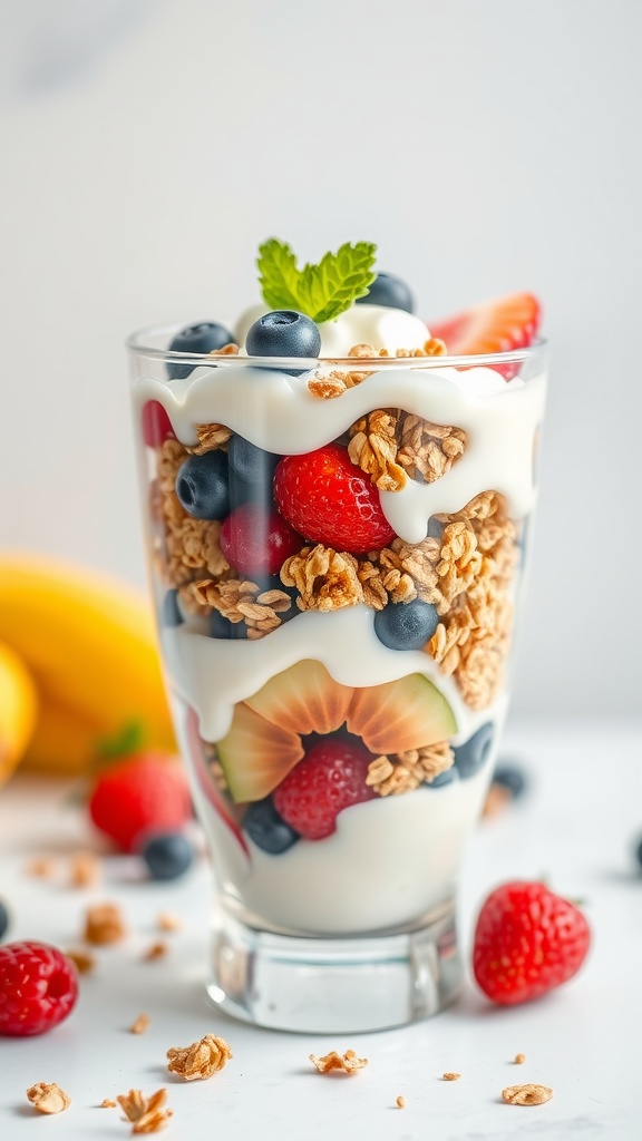A colorful Greek yogurt parfait with granola, berries, and mint, served in a glass.