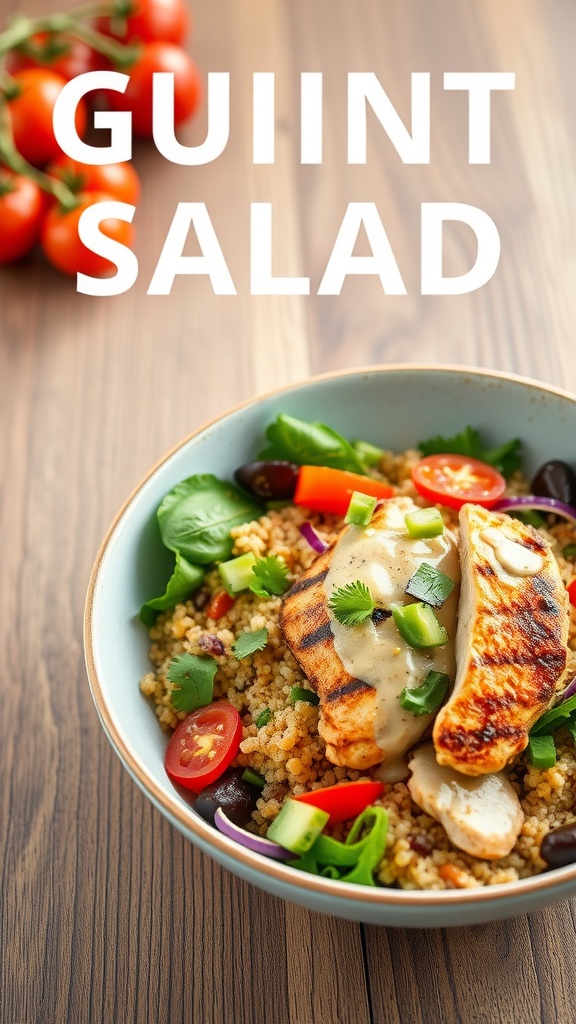 A bowl of grilled chicken quinoa salad with fresh vegetables.