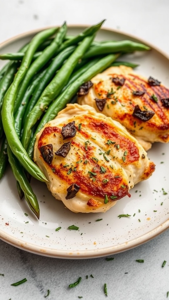Herb-crusted chicken thighs served with green beans on a plate.