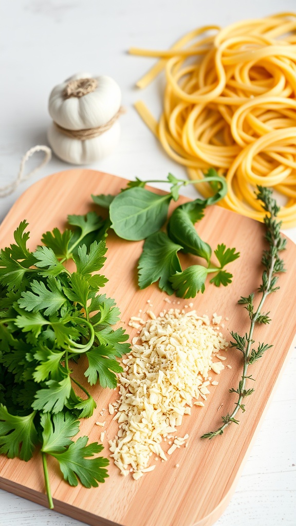 Fresh herbs, garlic, and pasta on a cutting board.