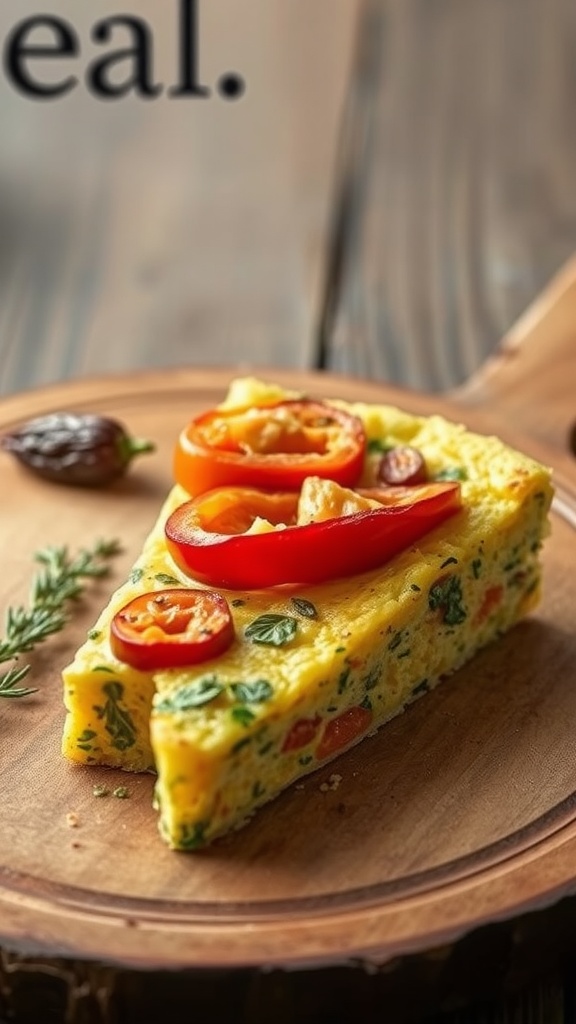 A slice of herbed frittata with bell peppers on a wooden plate