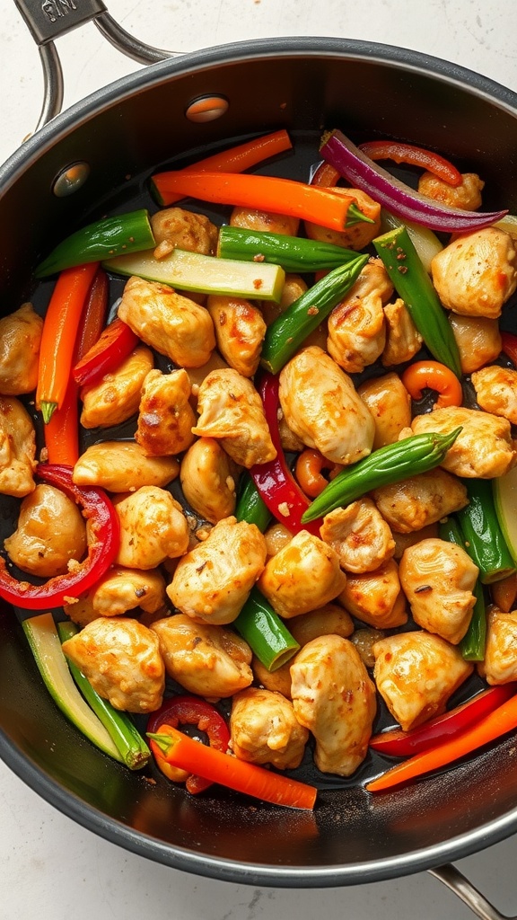 A vibrant honey garlic chicken stir-fry with chicken pieces and mixed vegetables in a pan.