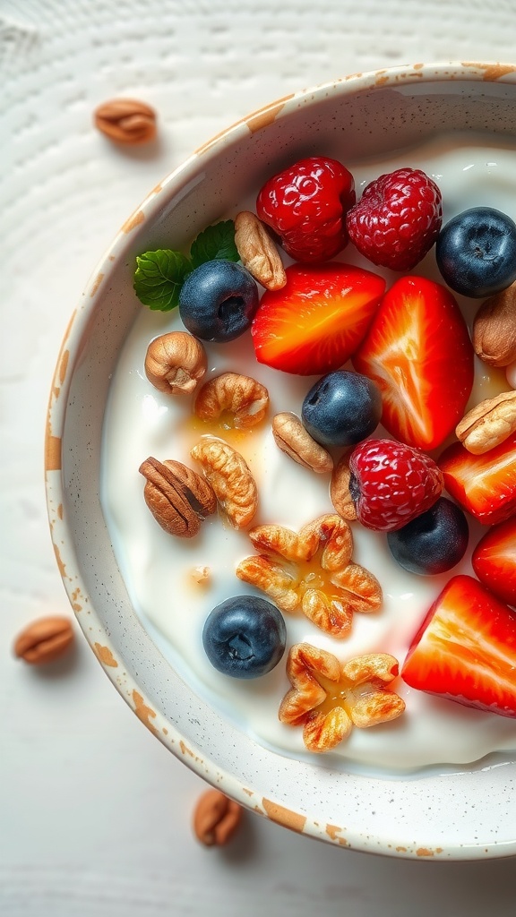 Bowl of honey yogurt topped with fresh fruits and nuts.