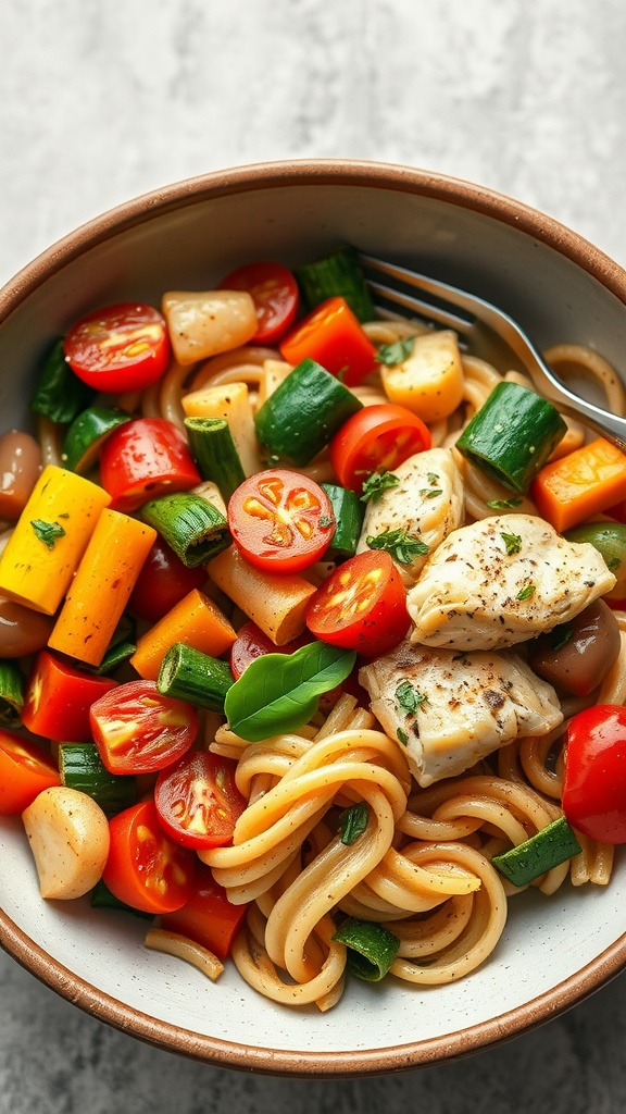 A bowl of garlic parmesan chicken pasta with mixed vegetables.