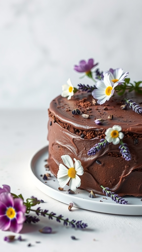A beautifully decorated lavender infused chocolate cake with flowers on top.