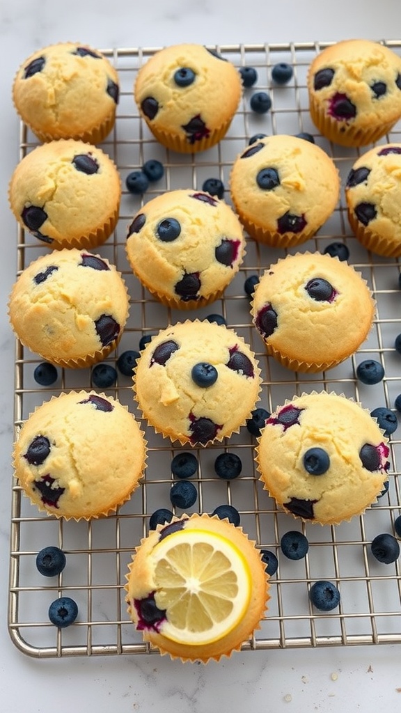A batch of lemon blueberry muffins on a cooling rack.