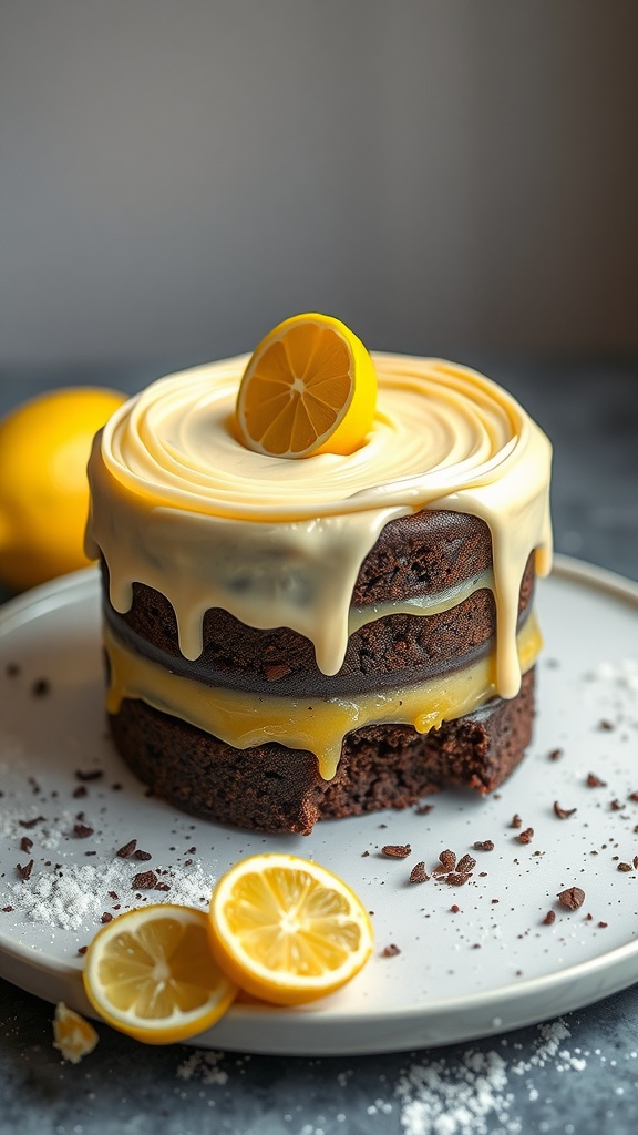 A visually appealing lemon chocolate cake with lemon curd filling and lemon garnish.