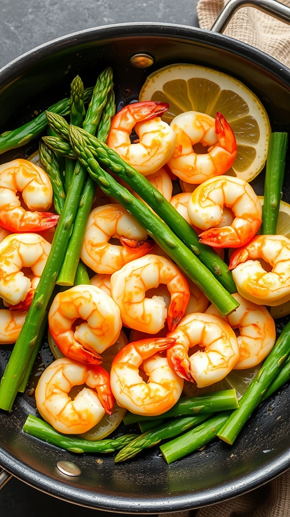 A pan filled with lemon garlic shrimp and asparagus, garnished with lemon slices.