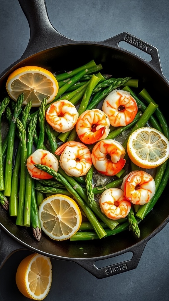 A skillet filled with lemon, shrimp, and asparagus