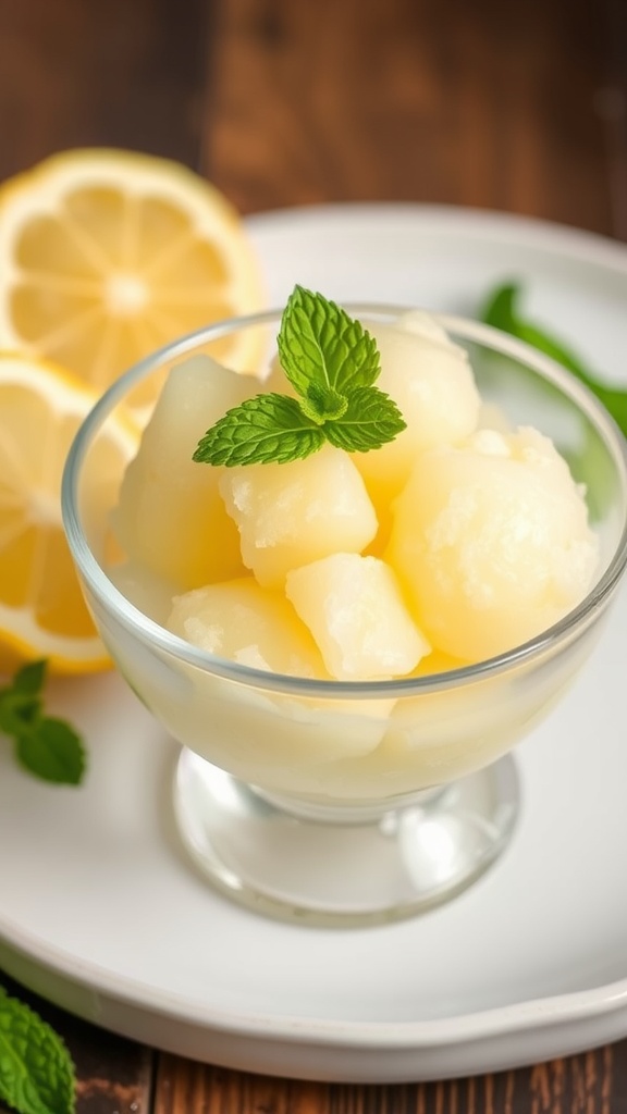 A bowl of lemon sorbet garnished with mint leaves, with lemon slices in the background.