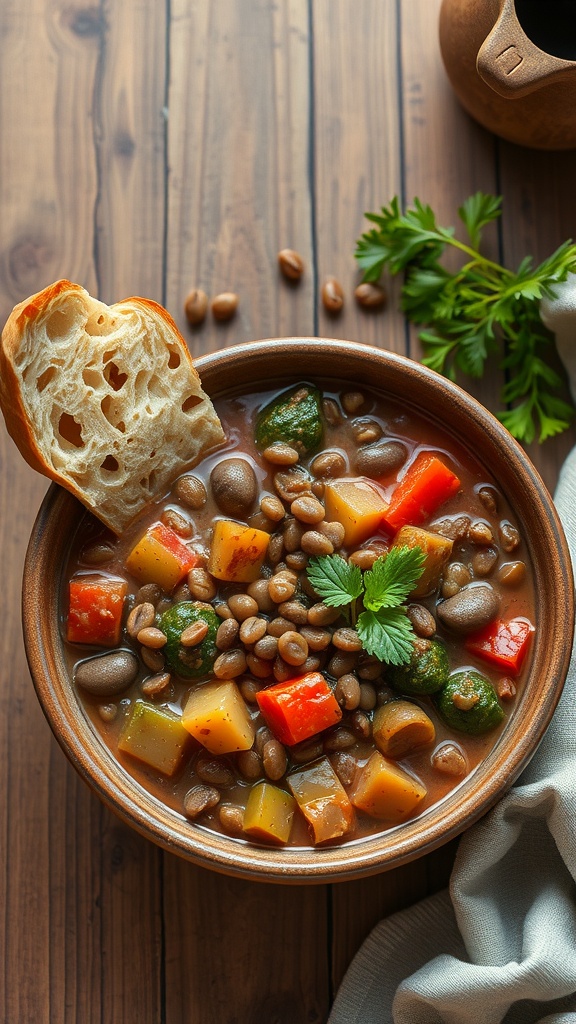 A bowl of lentil and vegetable stew with colorful veggies and a piece of bread on the side.