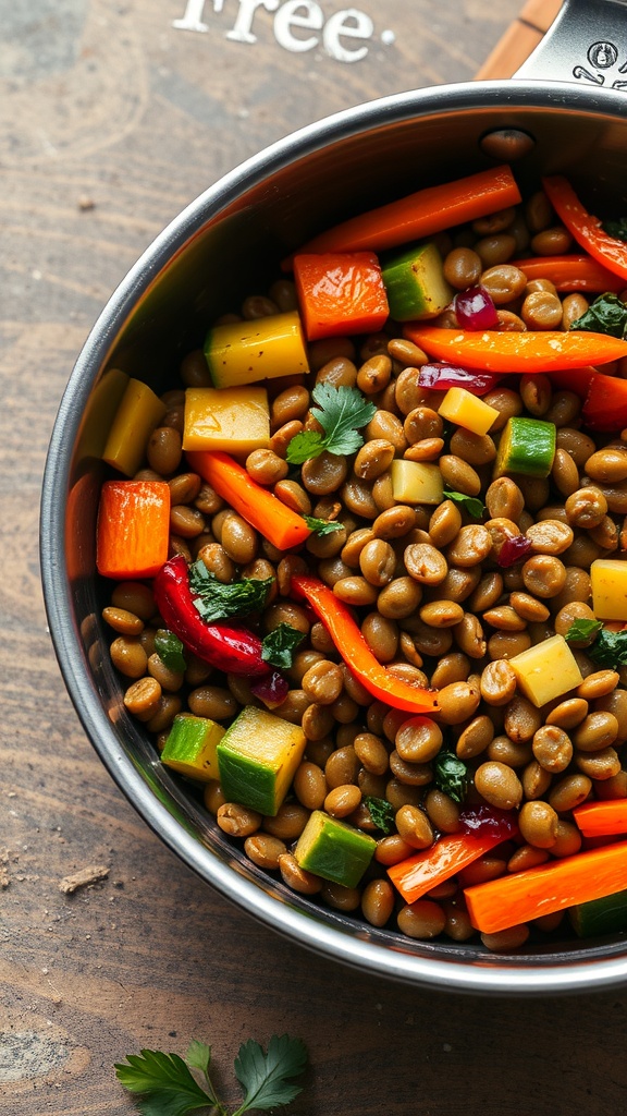 A vibrant lentil and veggie stir-fry in a pot, featuring colorful bell peppers, zucchini, and lentils.