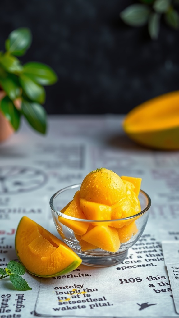 A bowl of mango sorbet with lime zest, garnished with mango pieces and mint leaves.