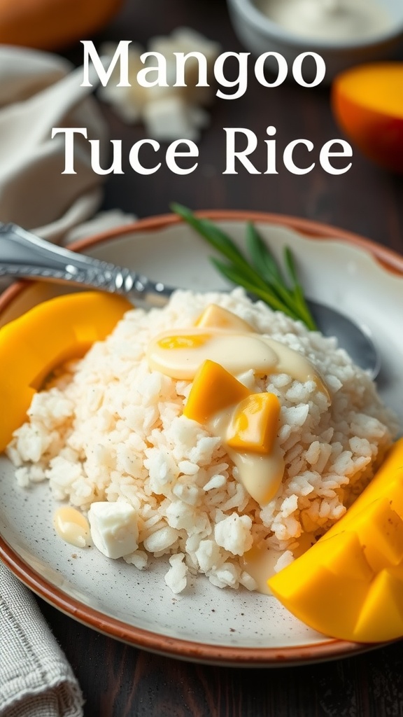 A plate of mango sticky rice with fresh mango slices and coconut milk drizzled on top.