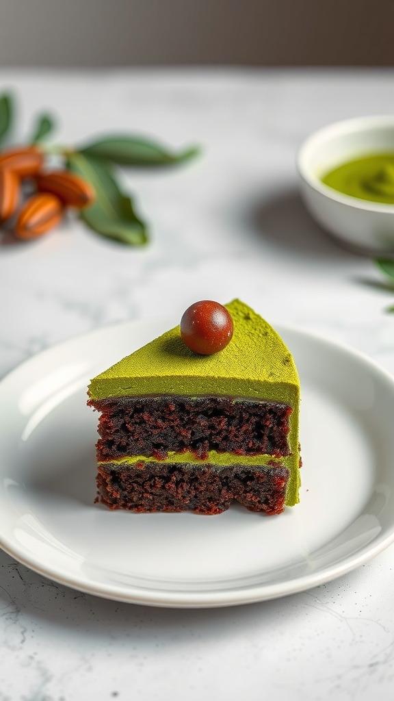 A slice of matcha chocolate cake on a plate, showcasing its vibrant green frosting and rich chocolate layers.