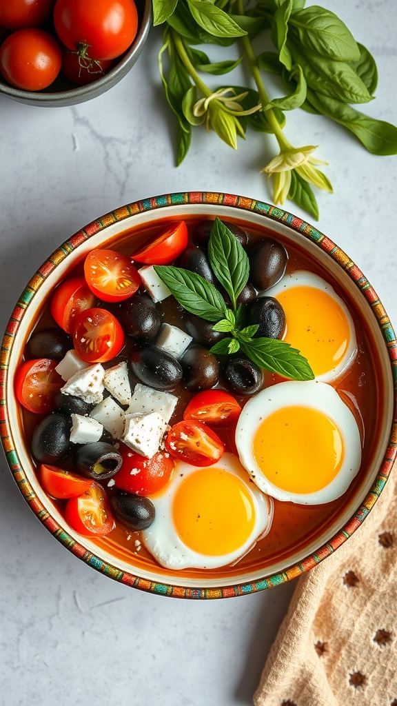 A colorful Mediterranean breakfast bowl featuring soft-boiled eggs, cherry tomatoes, olives, and feta cheese.