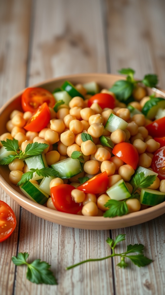 A bowl of Mediterranean Chickpea Salad with chickpeas, tomatoes, cucumbers, and herbs.