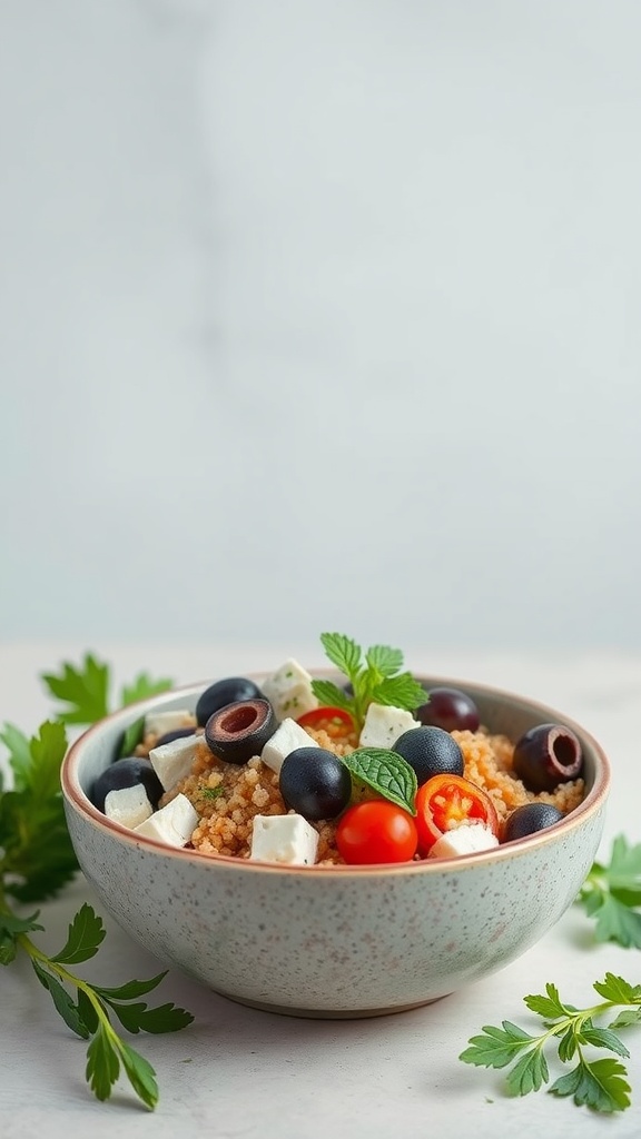 A bowl of Mediterranean quinoa salad with olives, cherry tomatoes, and feta cheese