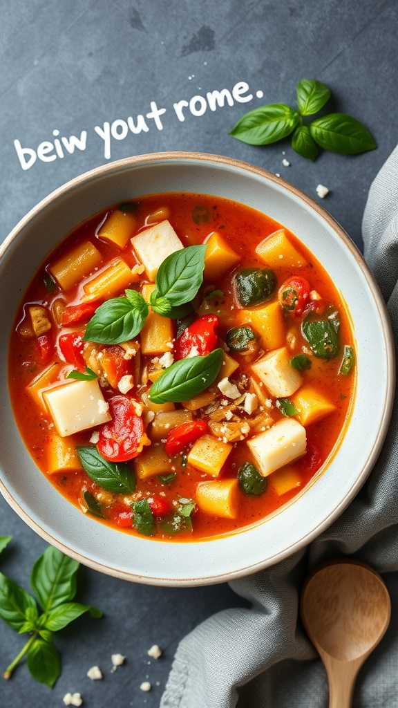 A bowl of vibrant minestrone soup with pasta, vegetables, and fresh basil.