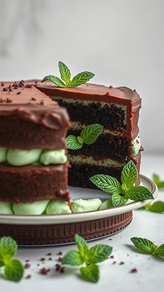 Mint Chocolate Cake with layers of chocolate and mint cream, garnished with fresh mint leaves.