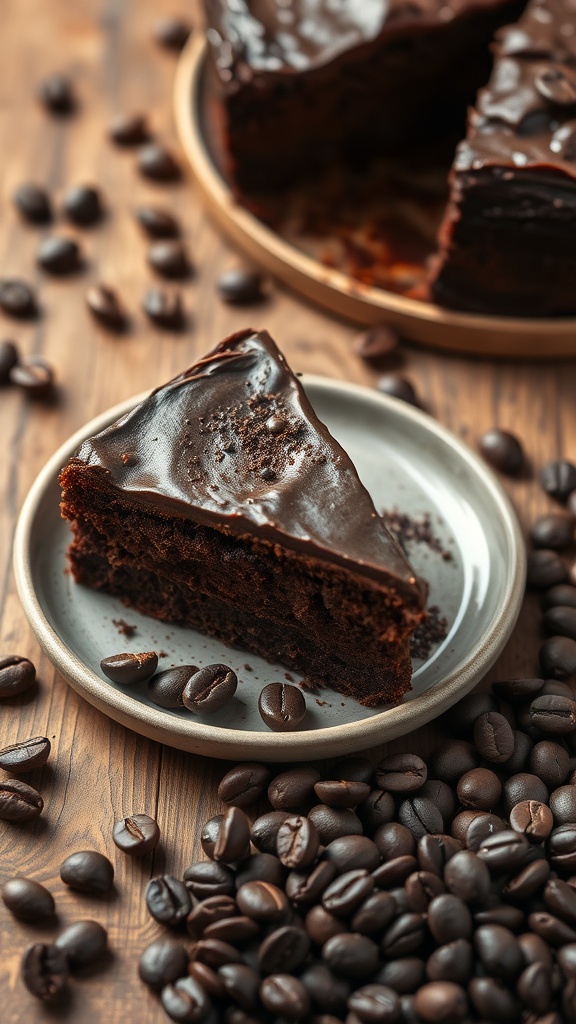 A slice of moist chocolate cake with espresso, topped with shiny chocolate ganache and surrounded by coffee beans.