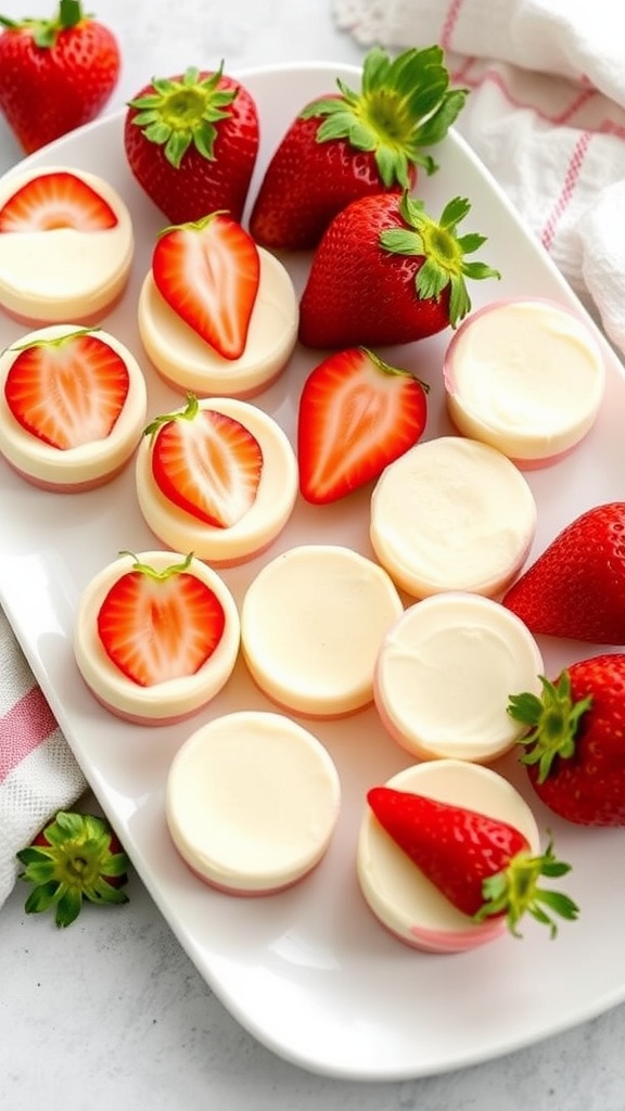 A plate of no-bake cheesecake bites topped with strawberries