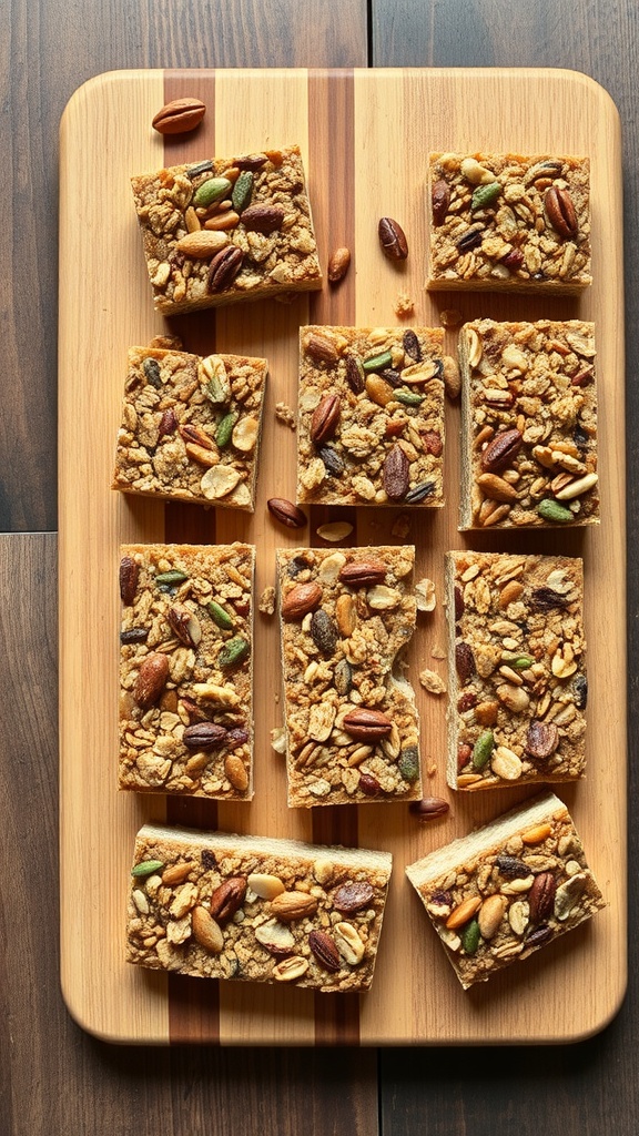 Nut and seed granola bars cut into squares on a wooden board.