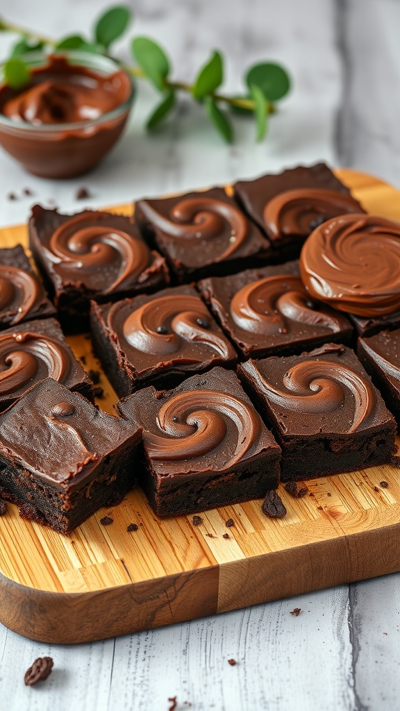 Delicious Nutella swirl brownies on a wooden board.