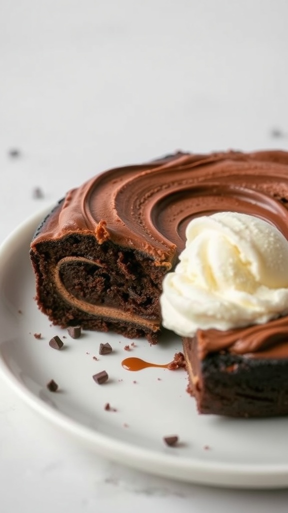 A slice of Nutella Swirl Chocolate Cake with a scoop of ice cream on a plate.