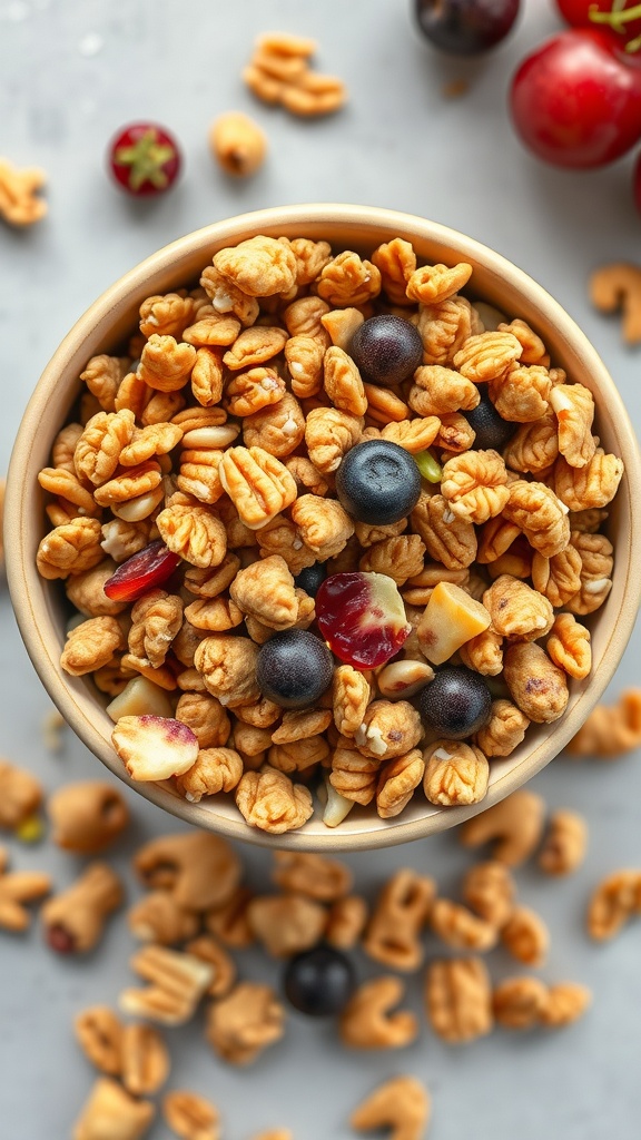 A bowl of nutty granola clusters with dried fruits and nuts.