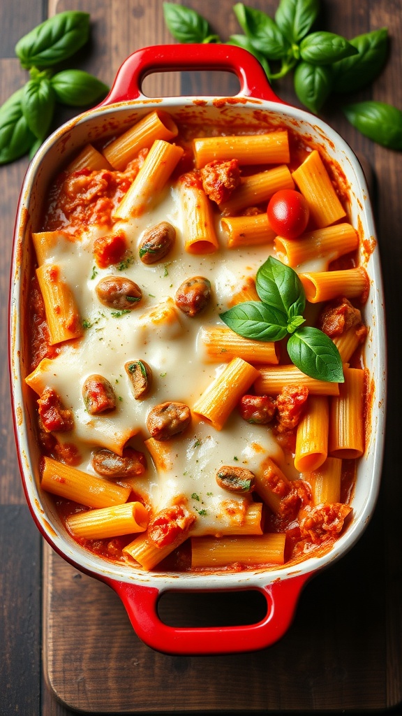 A red dish filled with baked ziti topped with melted cheese and fresh basil.