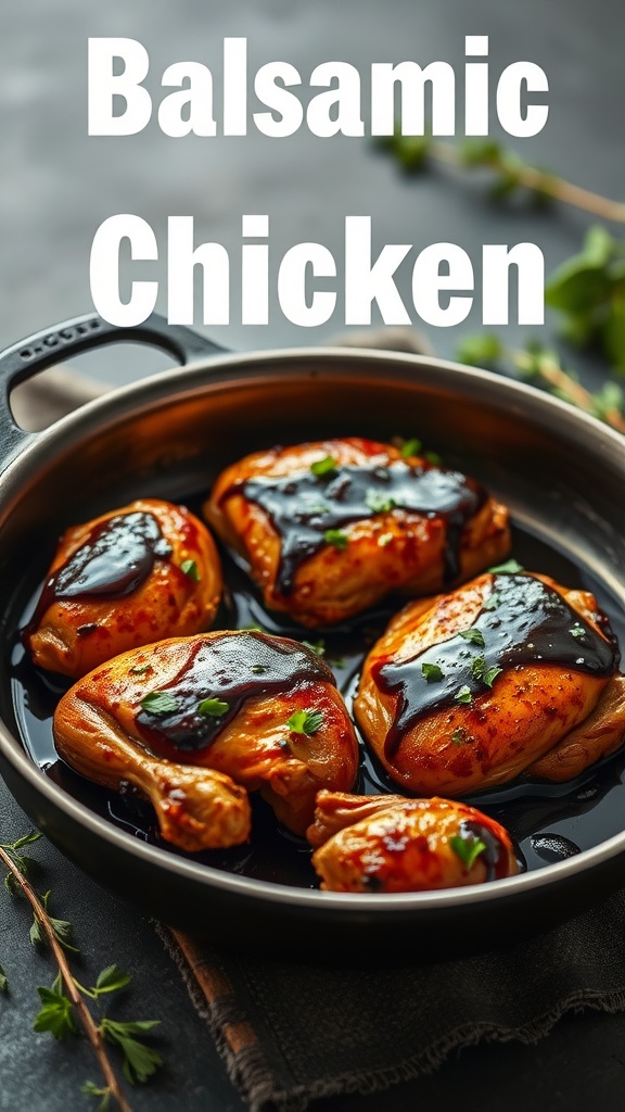 A pan of Balsamic Chicken with a rich sauce, garnished with herbs.
