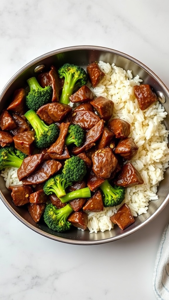 A delicious one-pot beef and broccoli dish served with rice.