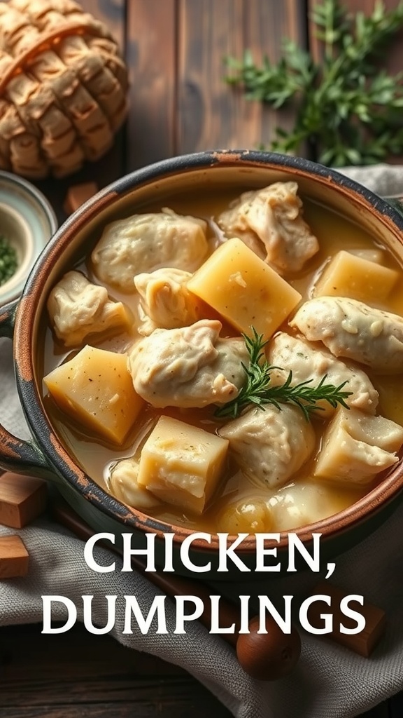 A bowl of chicken and dumplings, featuring tender chicken pieces and fluffy dumplings in a savory broth.