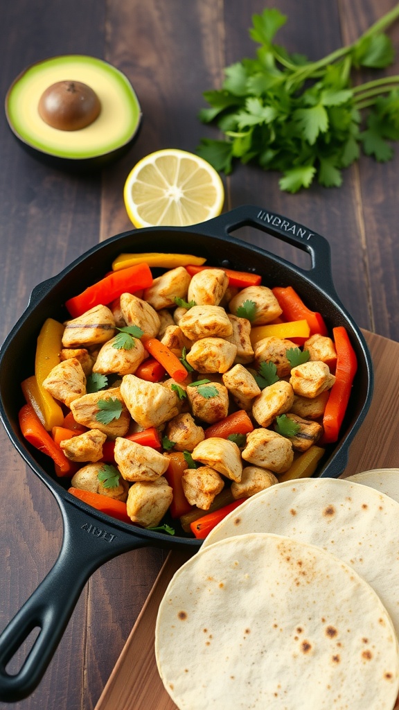 A cast iron skillet filled with chicken fajitas, peppers, and cilantro, with tortillas on the side.
