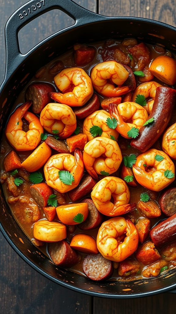 A delicious one-pot jambalaya with shrimp, sausage, and colorful vegetables.