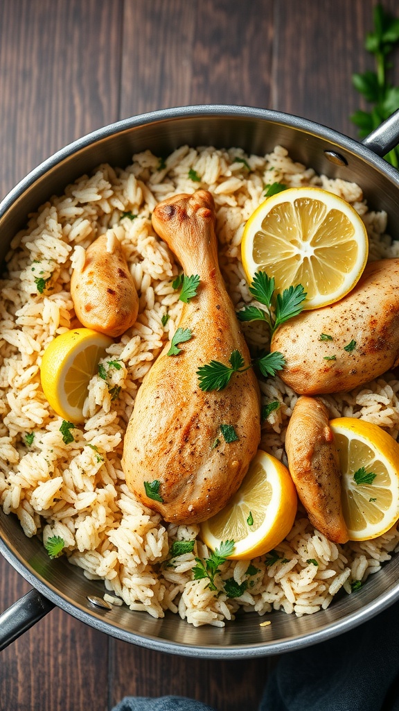 A close-up view of One-Pot Lemon Herb Chicken and Rice, featuring chicken pieces garnished with lemon slices and herbs.