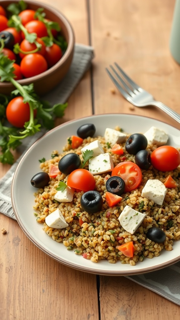 A delicious plate of Mediterranean quinoa with cherry tomatoes, olives, and feta cheese.