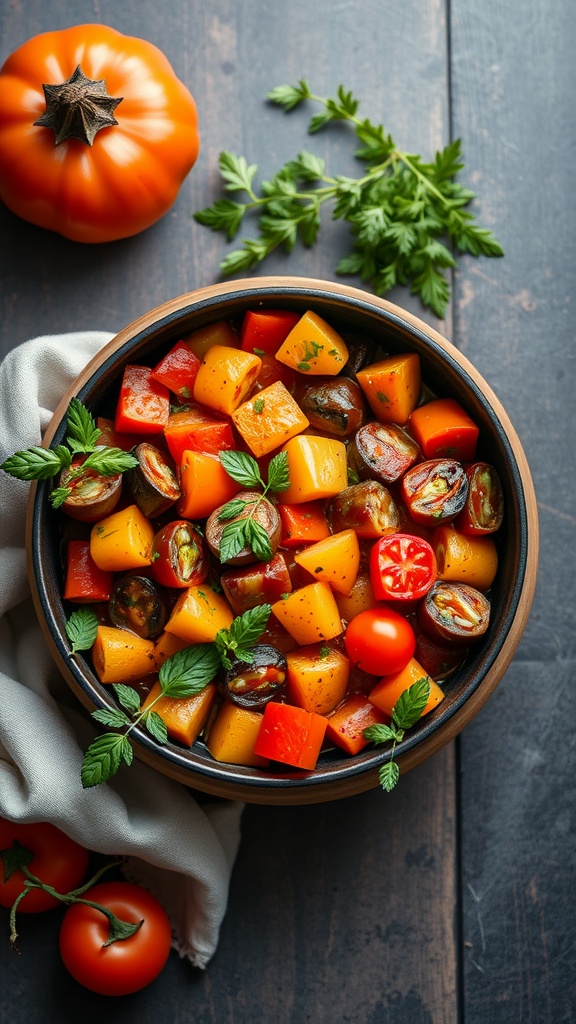 A bowl of vibrant ratatouille with assorted vegetables and fresh herbs.
