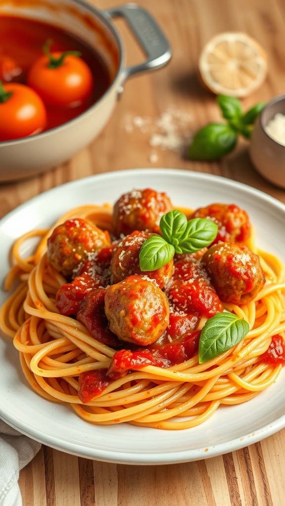 A plate of spaghetti with meatballs and sauce, garnished with basil.