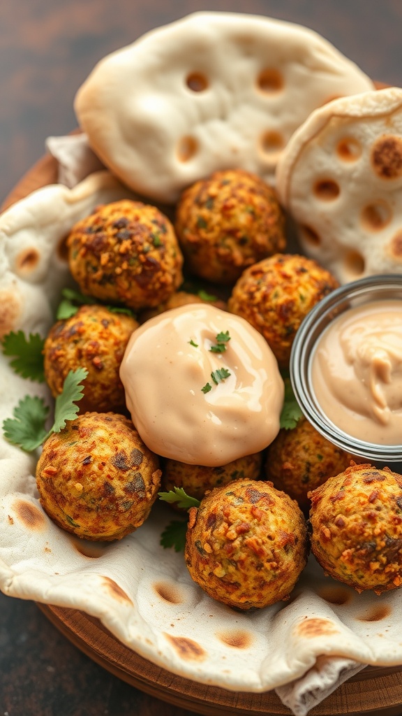 A plate of oven-baked falafel served with sauce and bread.