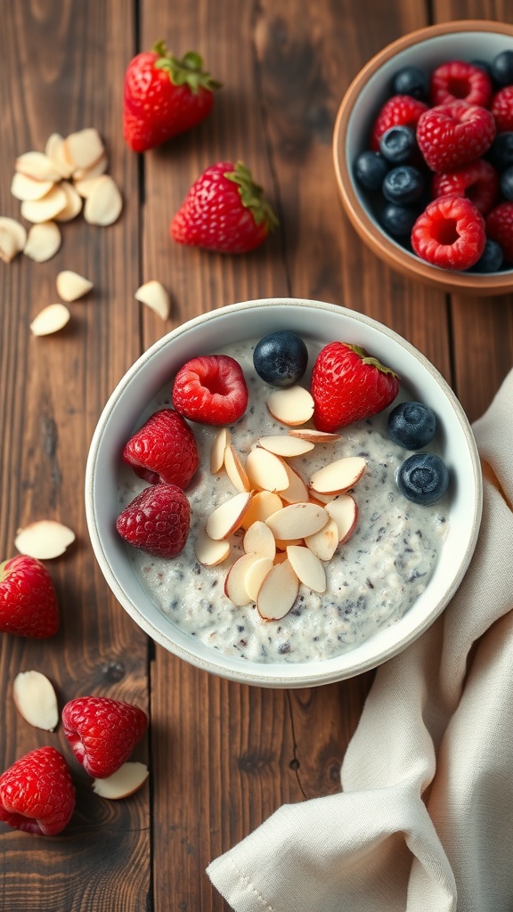 A delicious bowl of overnight oats topped with fresh berries and almonds