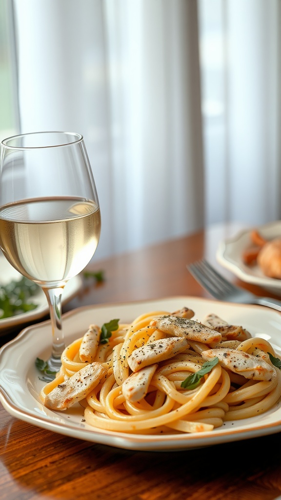 A plate of garlic parmesan chicken pasta with a glass of white wine beside it.