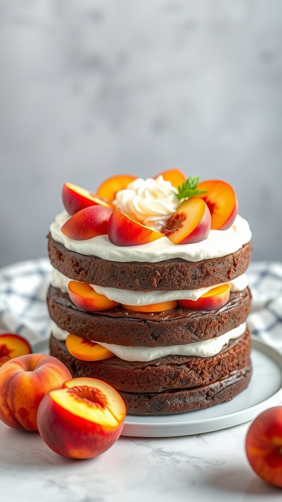 A beautifully layered peach chocolate cake with cream frosting and fresh peach slices on top.