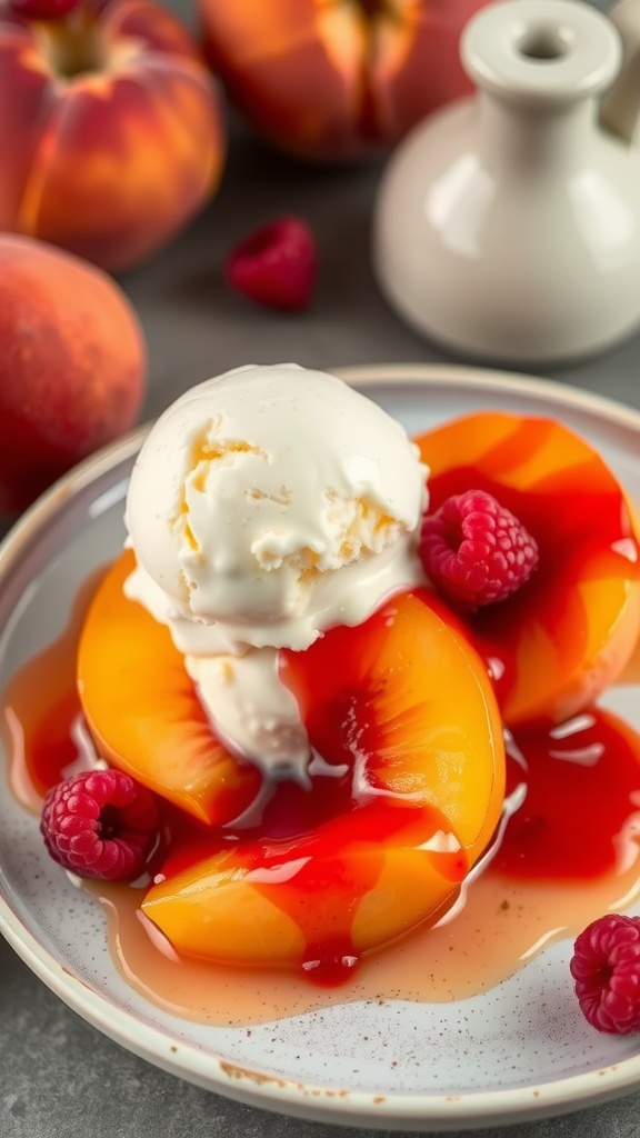 A delicious Peach Melba dessert featuring peach slices, vanilla ice cream, raspberries, and raspberry sauce.