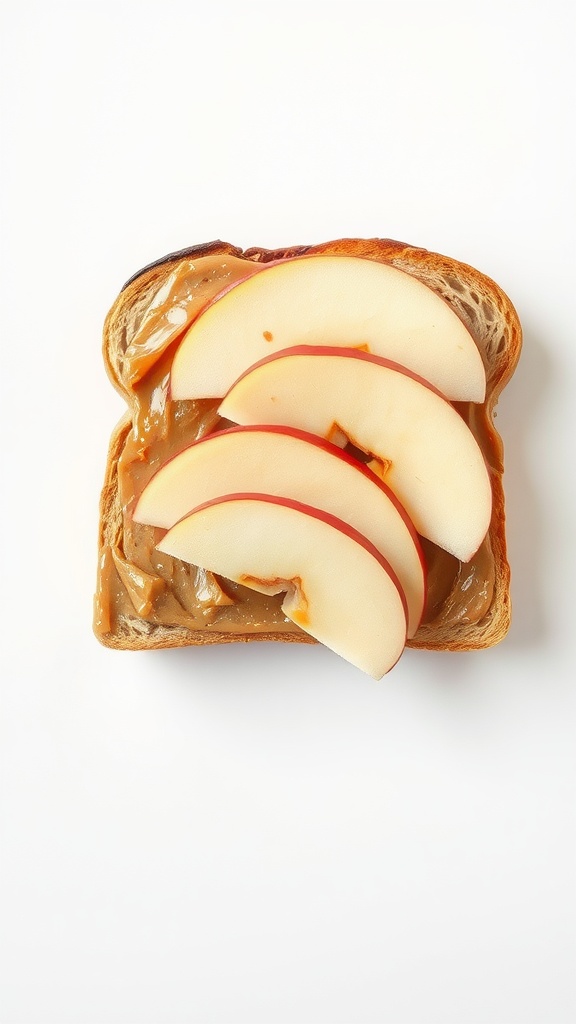 Peanut butter and apple toast with slices of apple on a piece of bread.